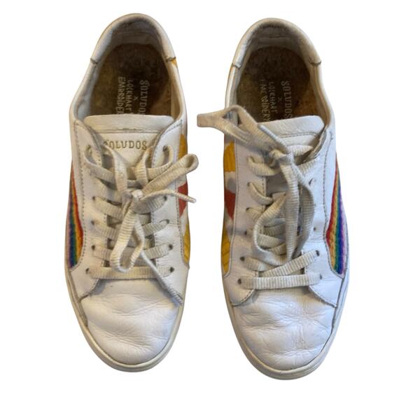 Soludos x Lockhart Embroidery Good Vibes White Leather Rainbow Hippie Shoes Sz 8 - Picture 3 of 16
